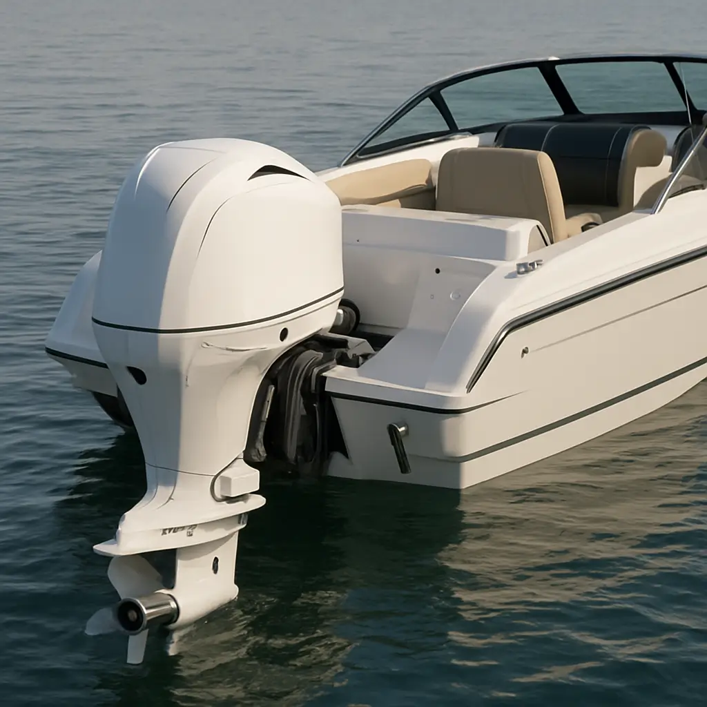 A powerful white gas outboard motor mounted on a boat transom, suitable for long-range and heavy loads.
