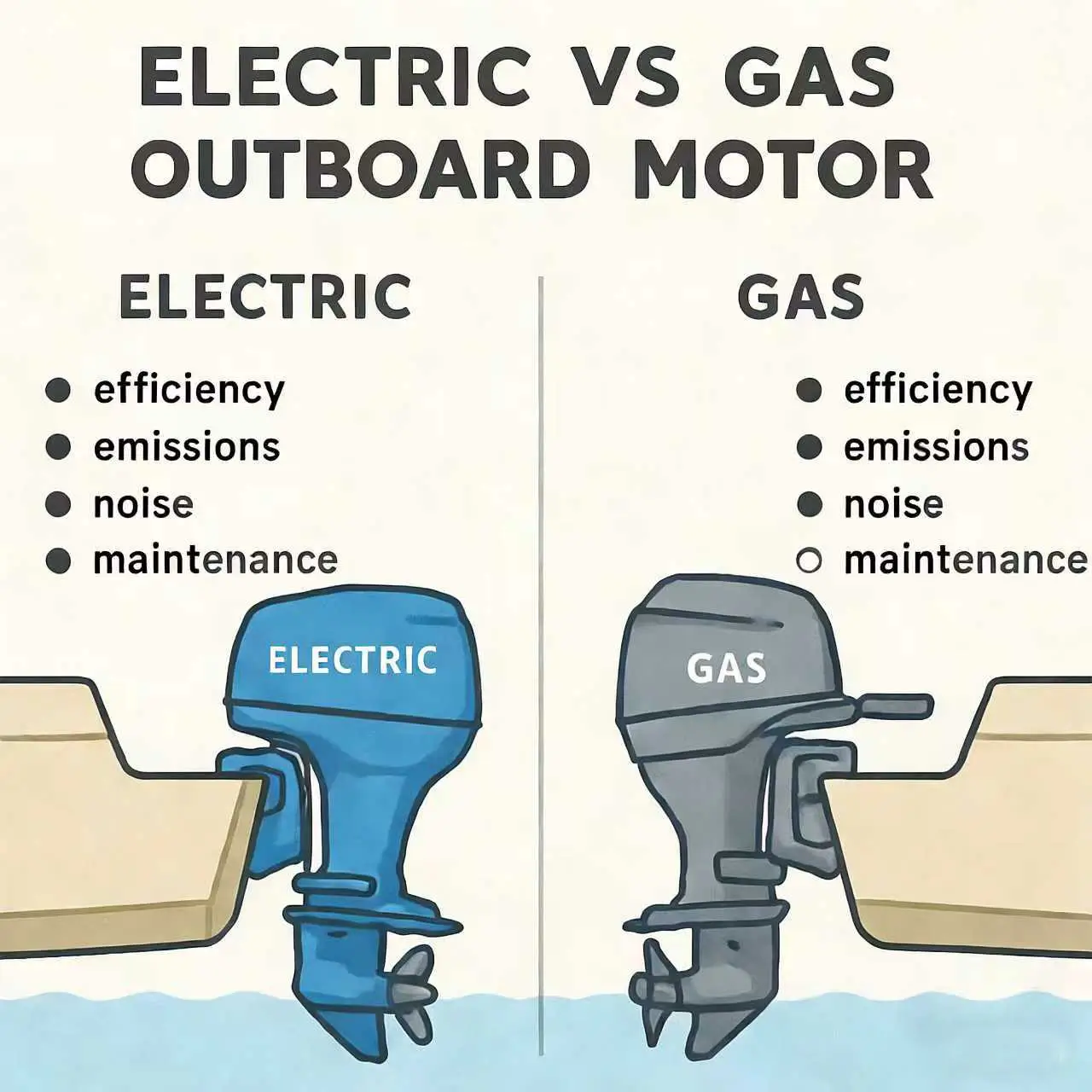 An infographic comparing the efficiency, emissions, and noise levels of electric versus gas outboard motors.