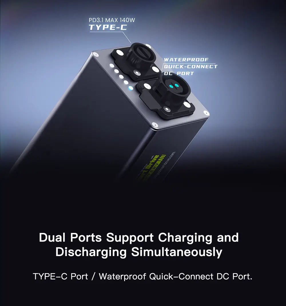 Close-up view of the Edge K4 battery's waterproof quick-connect DC port and PD3.1 Type-C port, showing the dual charging capability without exposed wiring.