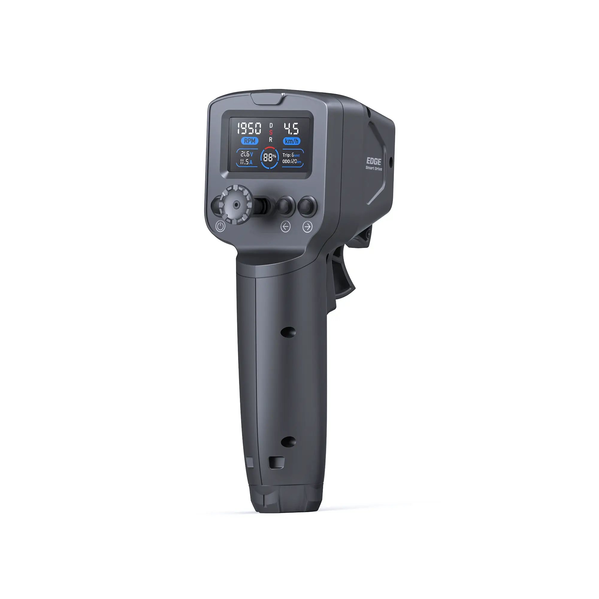 Wireless handheld remote controller for TEDGIX K4 with LCD screen displaying speed, battery life, and RPM data.