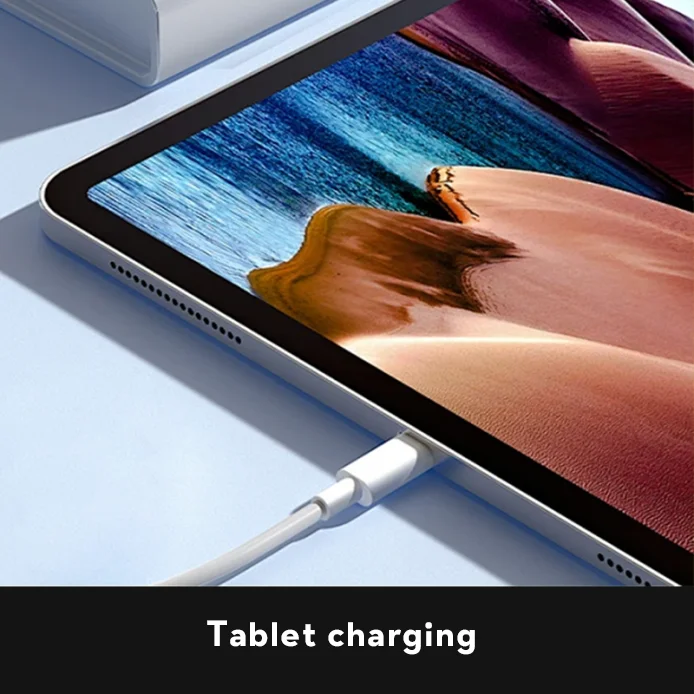 High-capacity TEDGIX battery acting as a travel power bank to charge an iPad tablet.