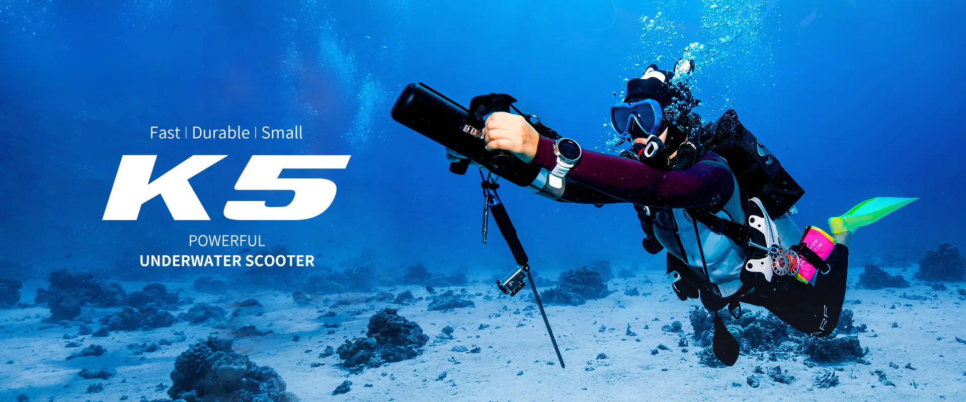 Desktop banner featuring a scuba diver using the TEDGIX K5 powerful underwater scooter. Text: Fast, Durable, Small.