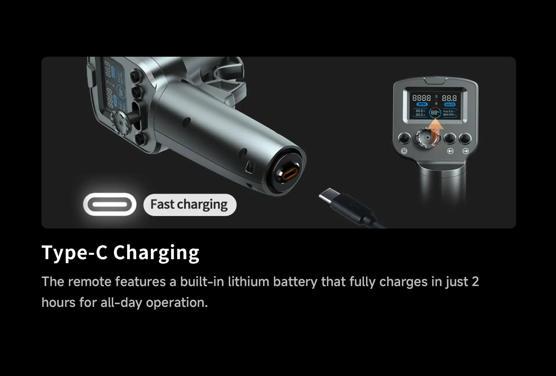 Bottom view of TEDGIX K4 remote showing the waterproof USB Type-C fast charging port and internal lithium battery charging.