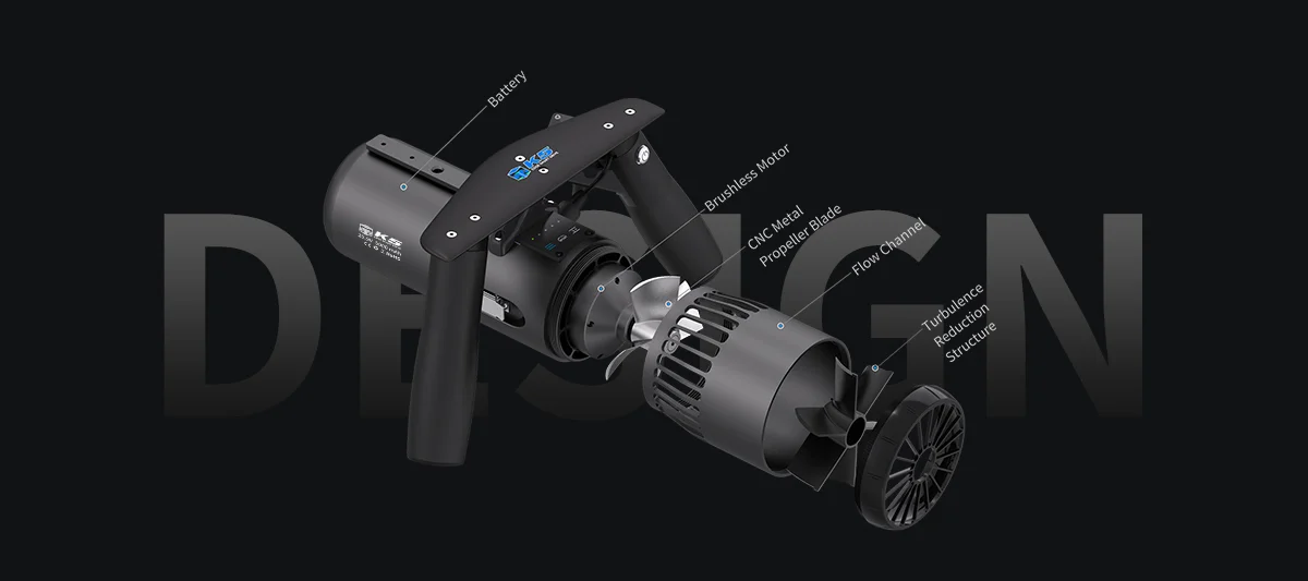 Close-up detail shot of the TEDGIX K5 underwater scooter body, highlighting the durable textured finish and the prominent orange quick-release battery latches.