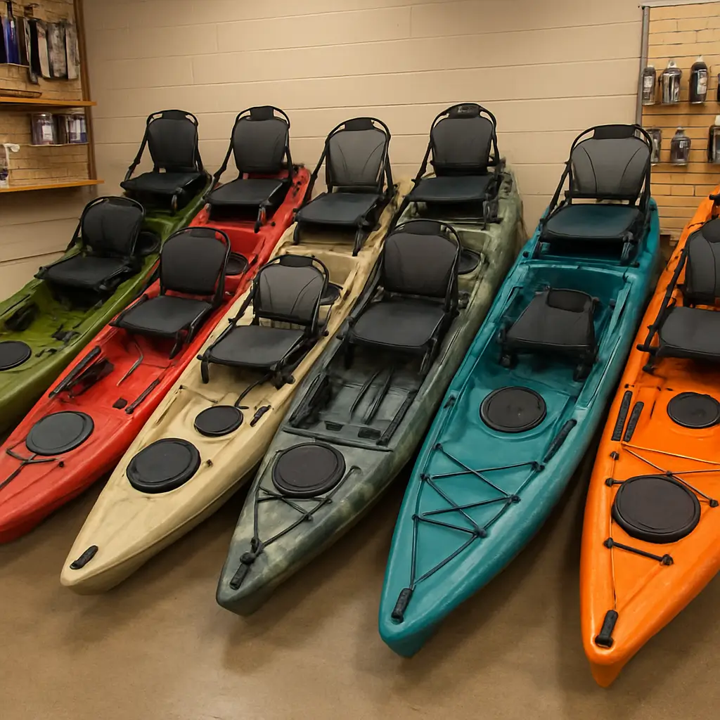 Multiple fishing kayaks displayed for comparison, highlighting different hull designs and seating systems