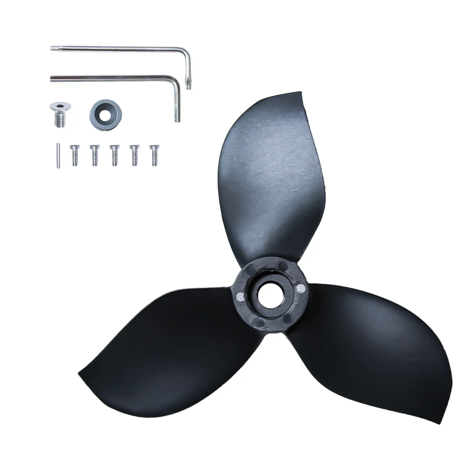 Complete EDGE K4 propeller replacement kit including 3-blade prop, hex keys, screws, and mounting hardware on white background.