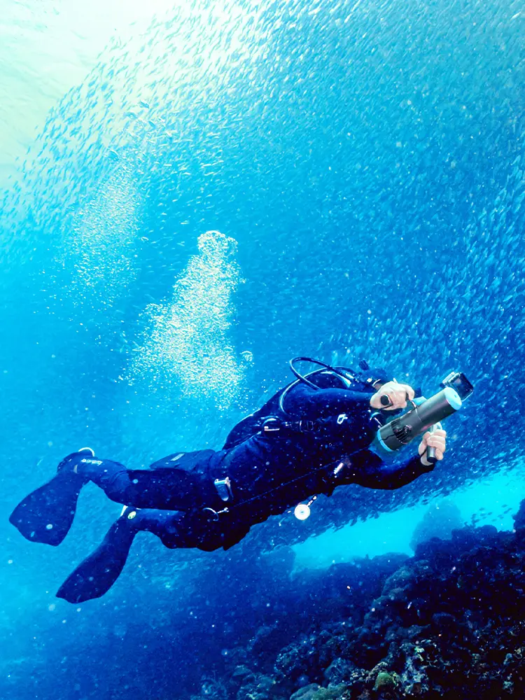 Vertical mobile banner view of a diver propelled by the EDGE K5 seascooter, ascending towards surface sunlight through clear blue water filled with fish. Demonstrates powerful thrust for snorkeling and diving.