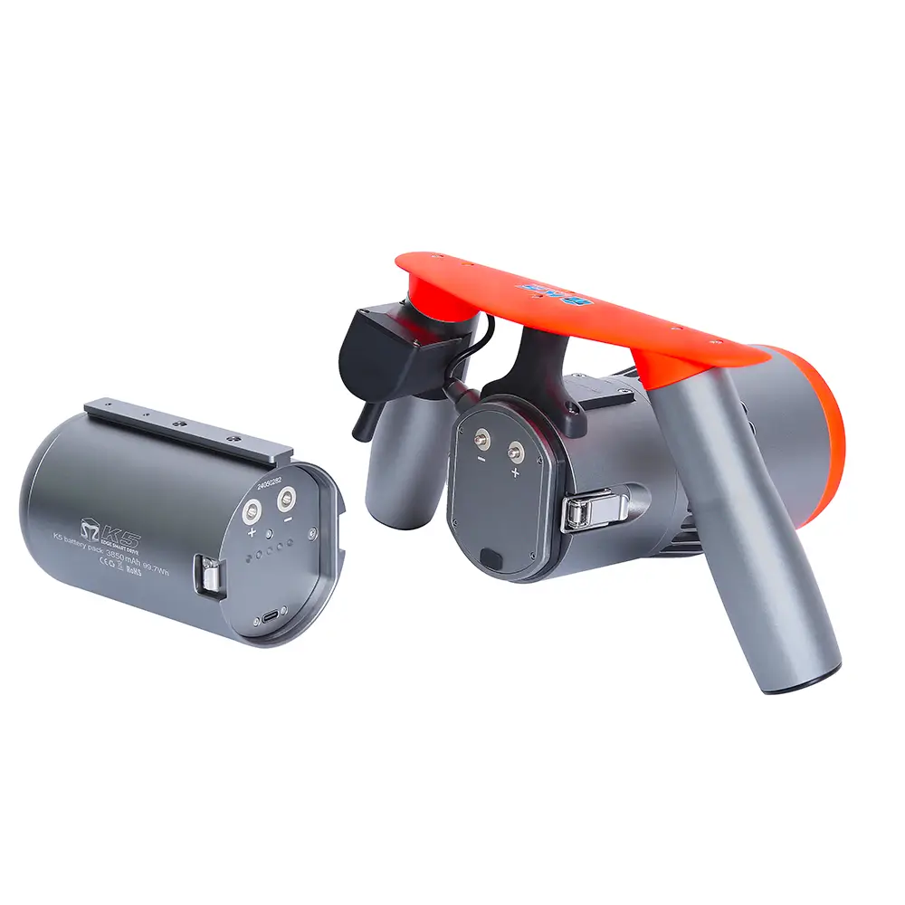 Detachable battery unit for TEDGIX K5 underwater scooter, showing the magnetic quick-connect interface.