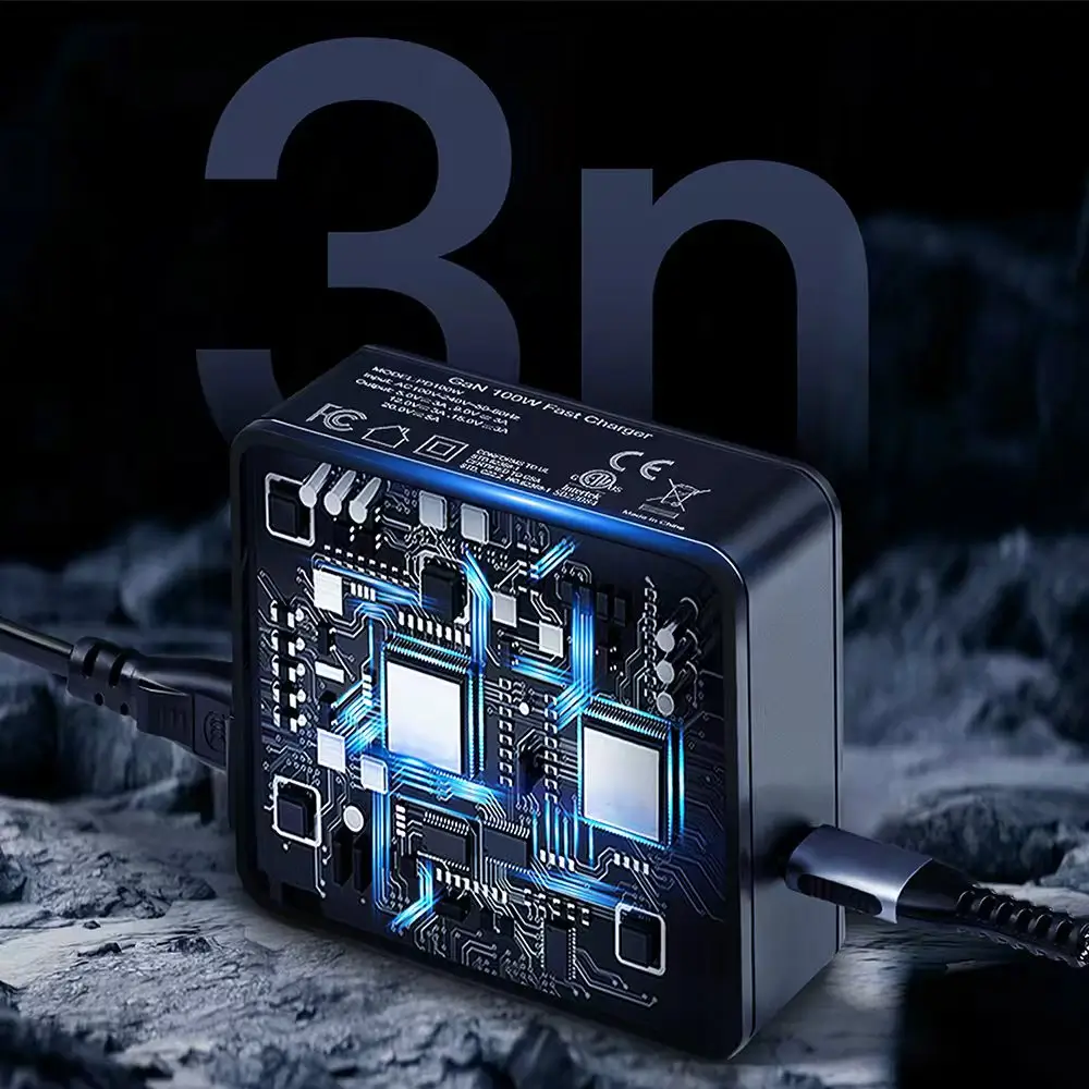 TEDGIX 100W GaN fast charger adapter showing internal chip technology. Compact high-power USB-C charger for rapid battery recovery.