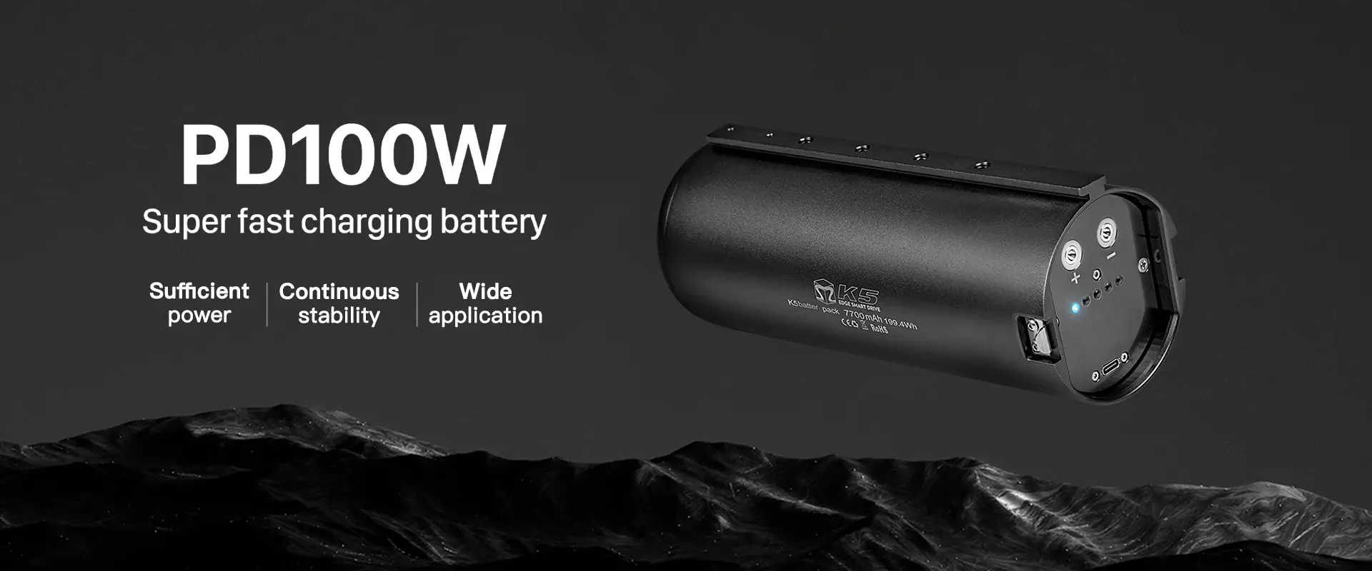Desktop banner for TEDGIX K5 battery: PD100W super fast charging technology, offering sufficient power and continuous stability.